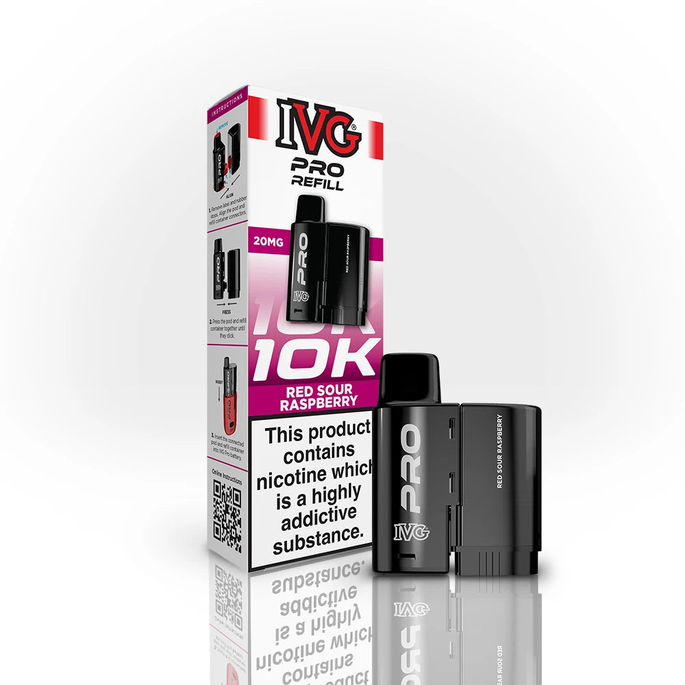 IVG Pro Refill 10K Red Sour Raspberry vape refill and packaging on a white background