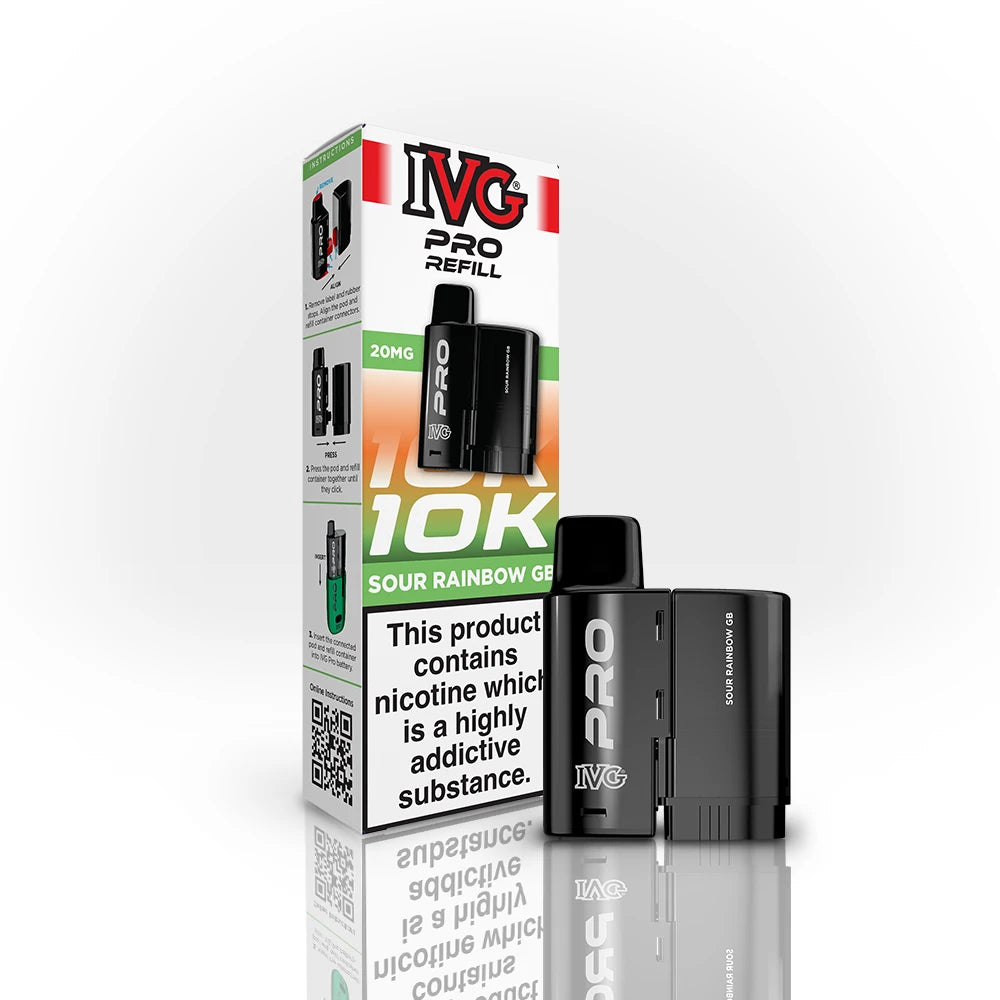 IVG Pro Refill 10K Sour Rainbow GB vape refill and packaging on a white background