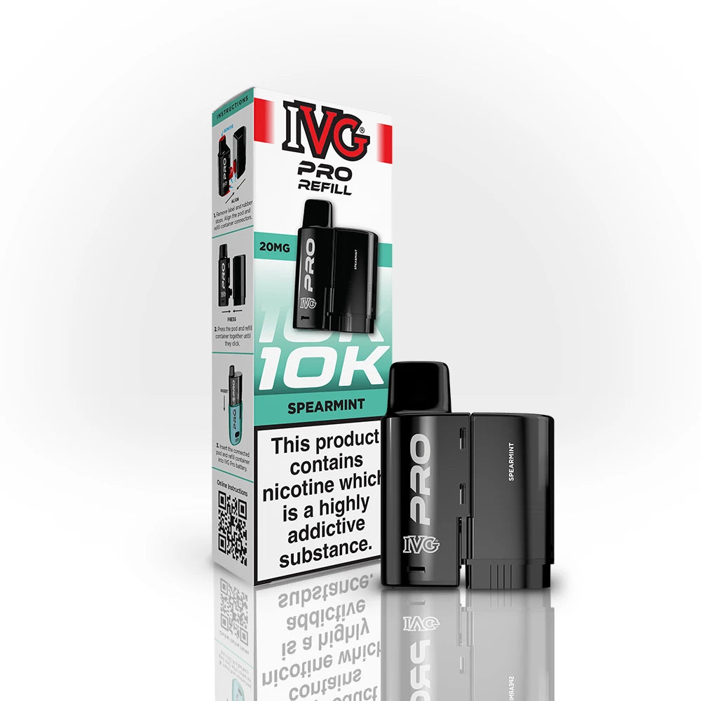 IVG Pro Refill 10K Spearmint vape refill and packaging on a white background