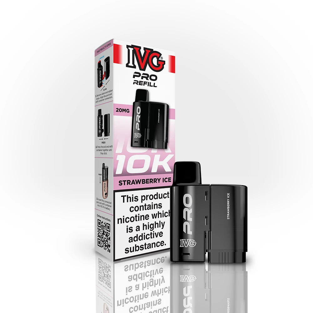 IVG Pro Refill 10K Strawberry Ice vape refill and packaging on a white background