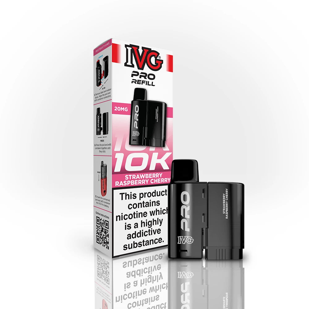 IVG Pro Refill 10K Strawberry Raspberry Cherry vape refill and packaging on a white background