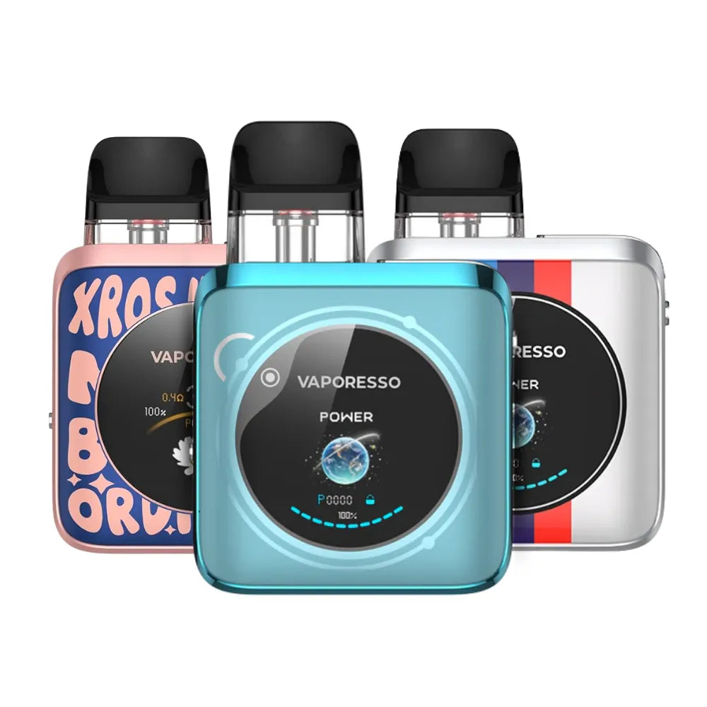 Vaporesso vaping devices with colorful packaging on a white background