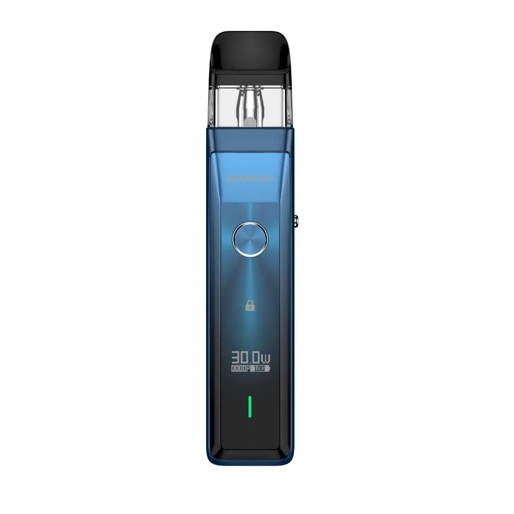 Blue electronic device with digital display on a white background