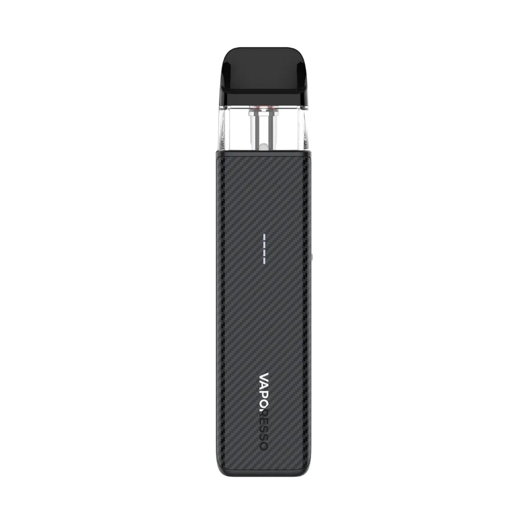 Black vape device with 'Vaporesso' branding on a white background