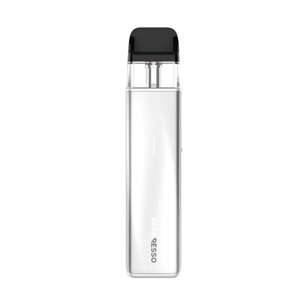 Clear glass water bottle with black cap on a white background