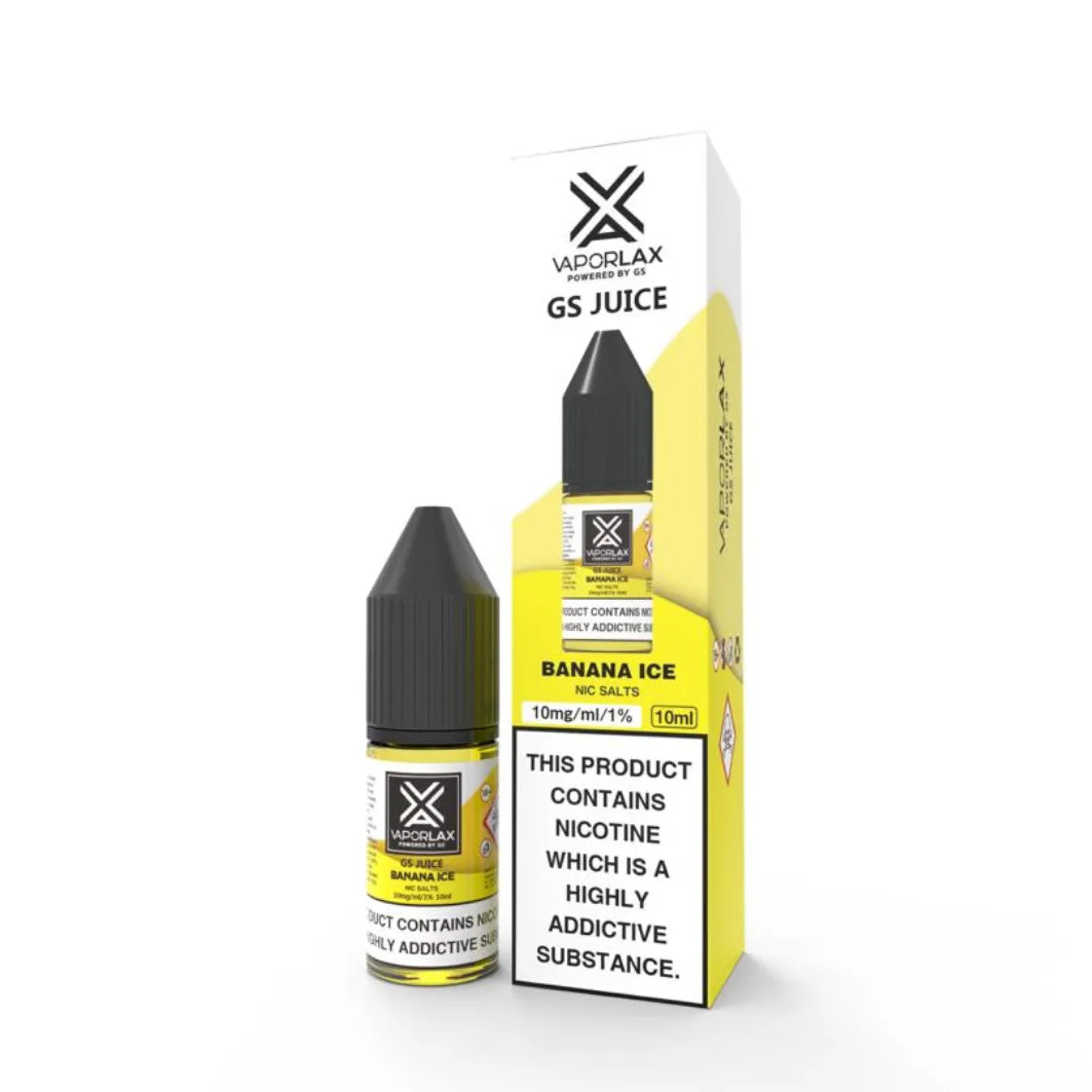 Vaporlax GS Juice Banana Ice vape juice bottle and packaging on a white background