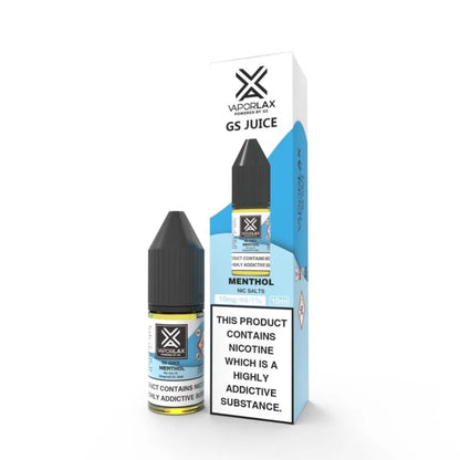 Vaporlax GS Juice menthol vape juice bottle and packaging on a white background