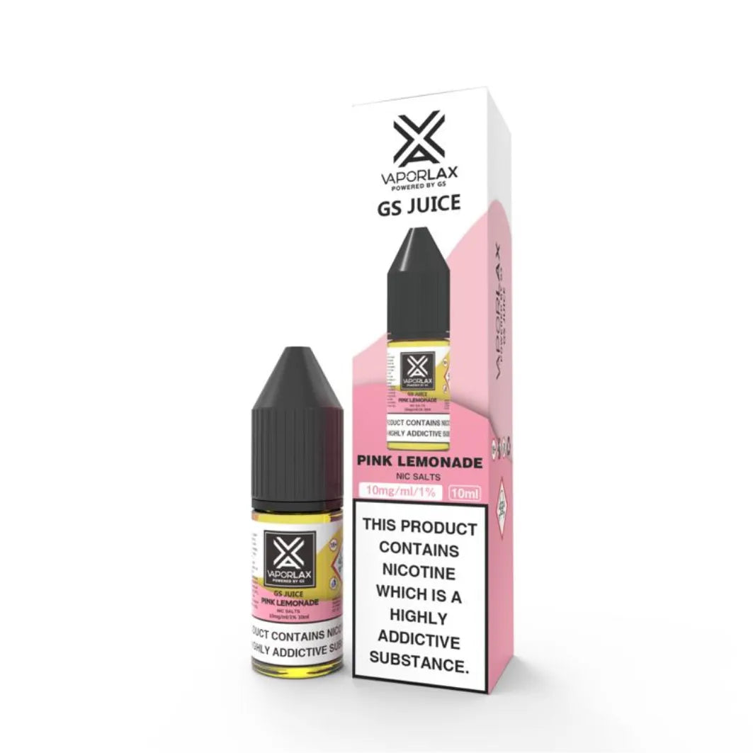 Vaporlax GS Juice Pink Lemonade vape juice bottle and packaging on a white background