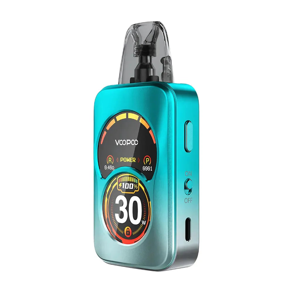 Turquoise vape device with digital display on a white background