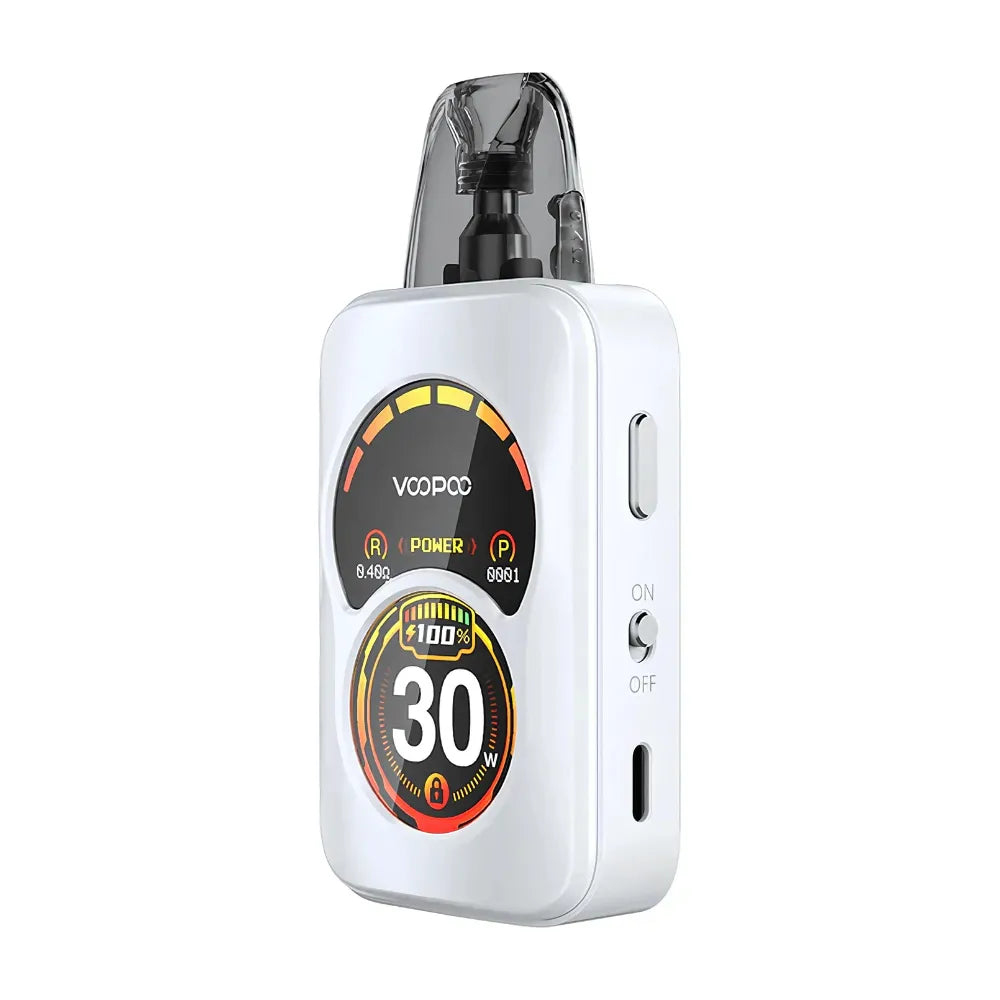 Vaping device with digital display on a white background