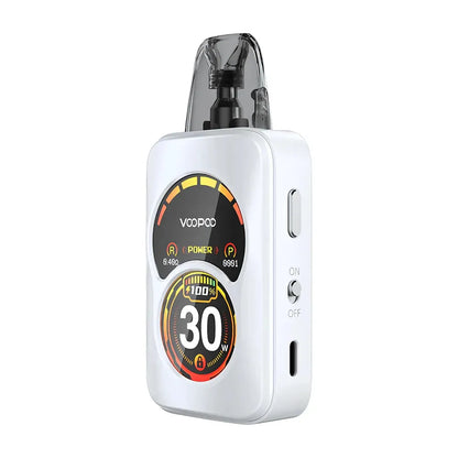 Vaping device with digital display on a white background