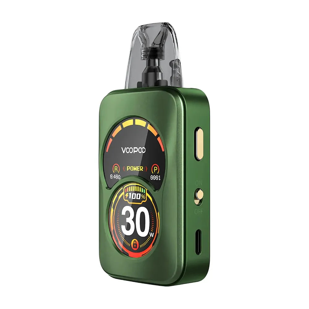 Green vape device with digital display on a white background