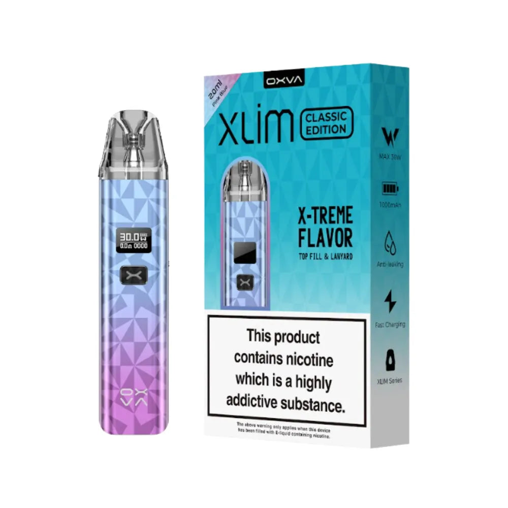 OXVA Xlim Classic Edition vape device and packaging on a white background