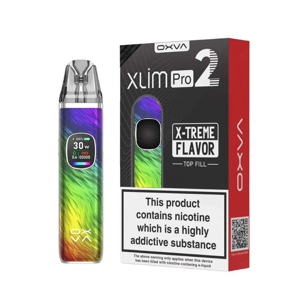 Rainbow swirl OXVA Xlim Pro 2 pod kit with packaging on a white background.