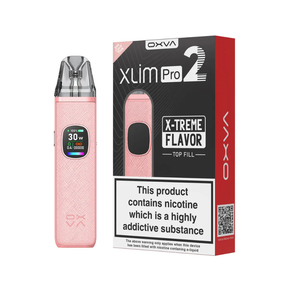 Coral pink OXVA Xlim Pro 2 pod kit with packaging on a white background.