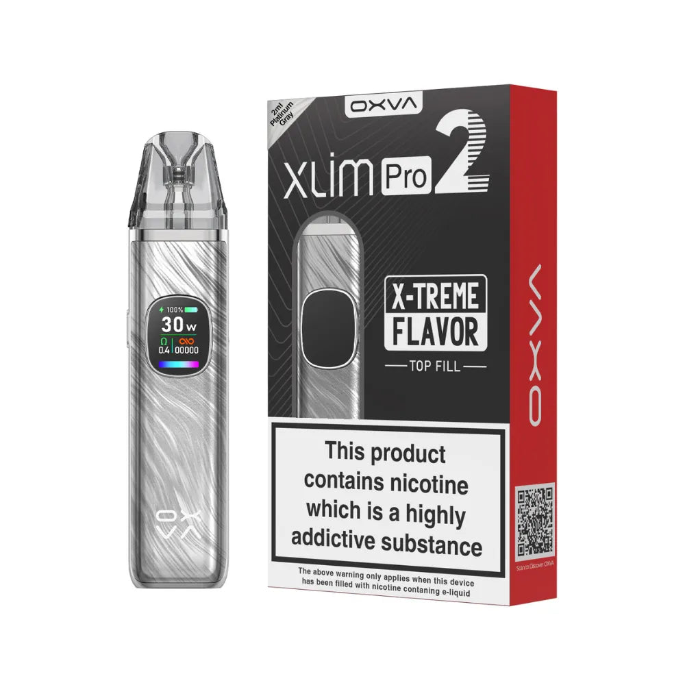Platinum grey OXVA Xlim Pro 2 pod kit with packaging on a white background.