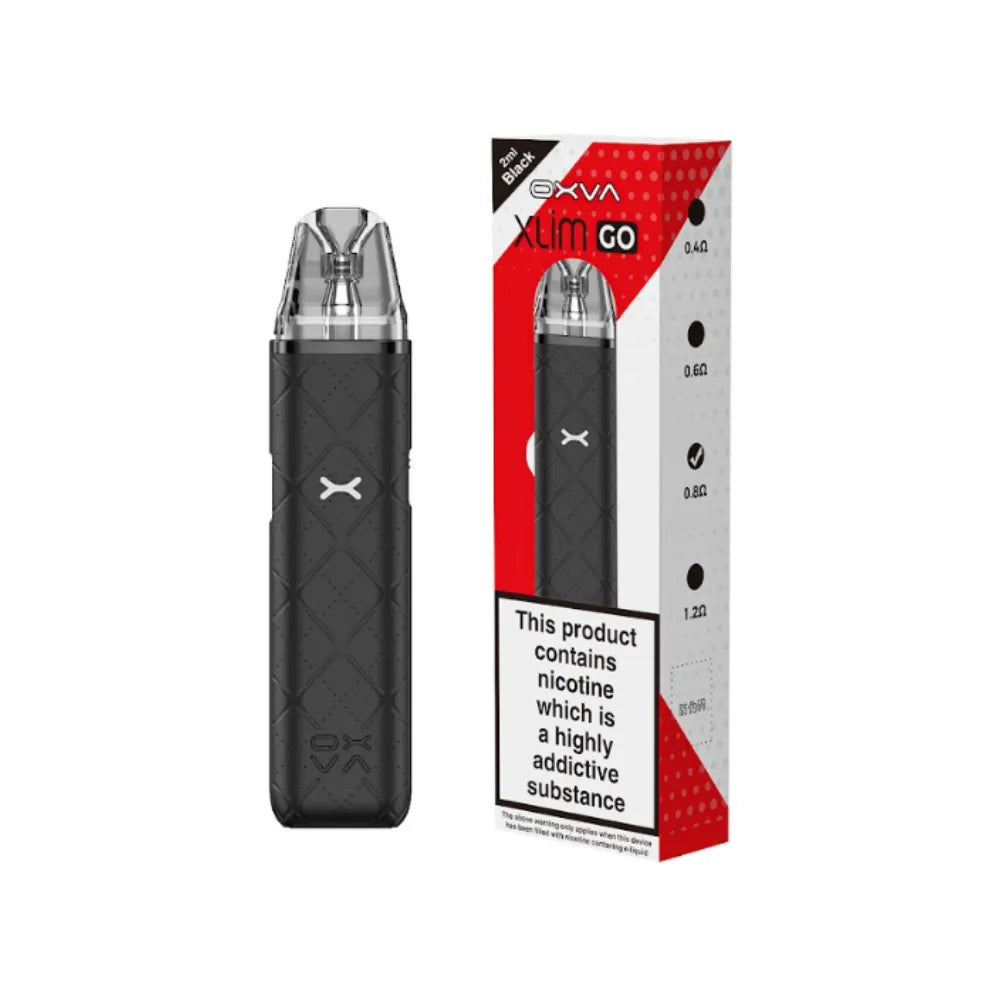 Black vape device with OXVA Xlim go branding next to its packaging on a white background
