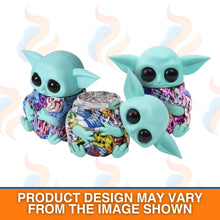 Three colourful Yoda-inspired grinders on a white background