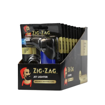 Display box of 10 Zig-Zag jet lighters with a black and gold design.