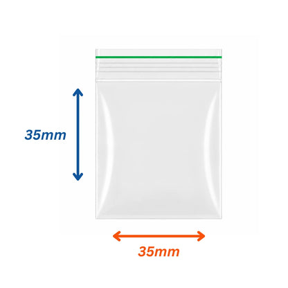 Transparent zippy seal bags in 35mm x 35mm size with measurements on a white background.