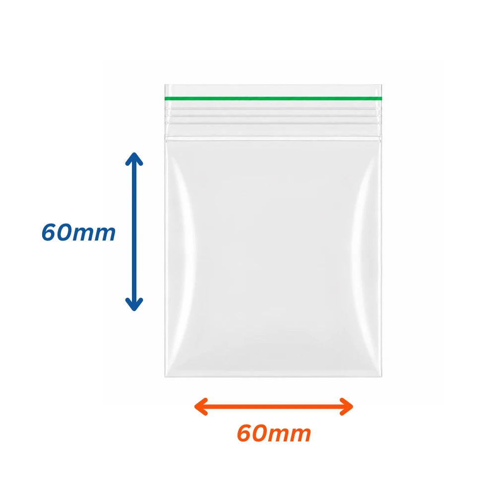 Transparent zippy seal bags in 60mm x 60mm size with measurements on a white background.