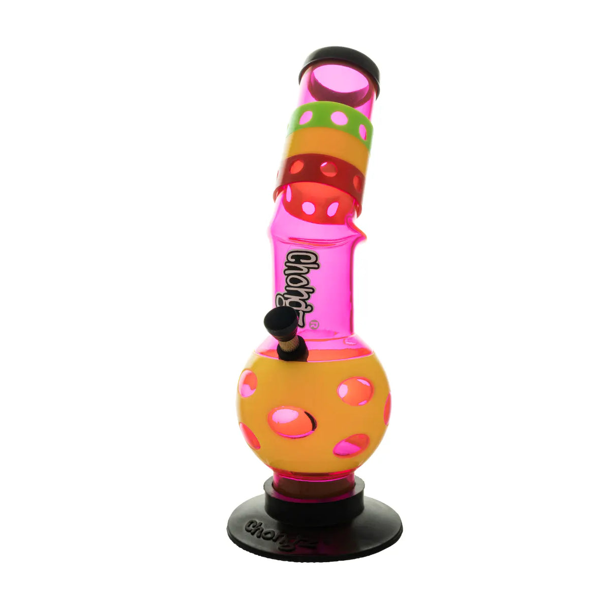 A colourful transparent glass water pipe with a pink body, yellow lower chamber, and green, red, and yellow striped neck, featuring the Chilly brand name on a white background.