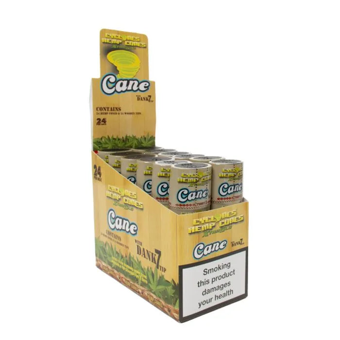 Display box of Cane cyclone flavoured hemp cones with yellow and green packaging.