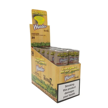Display of Wonder Hemp flavoured cones packaging with cans on a white background