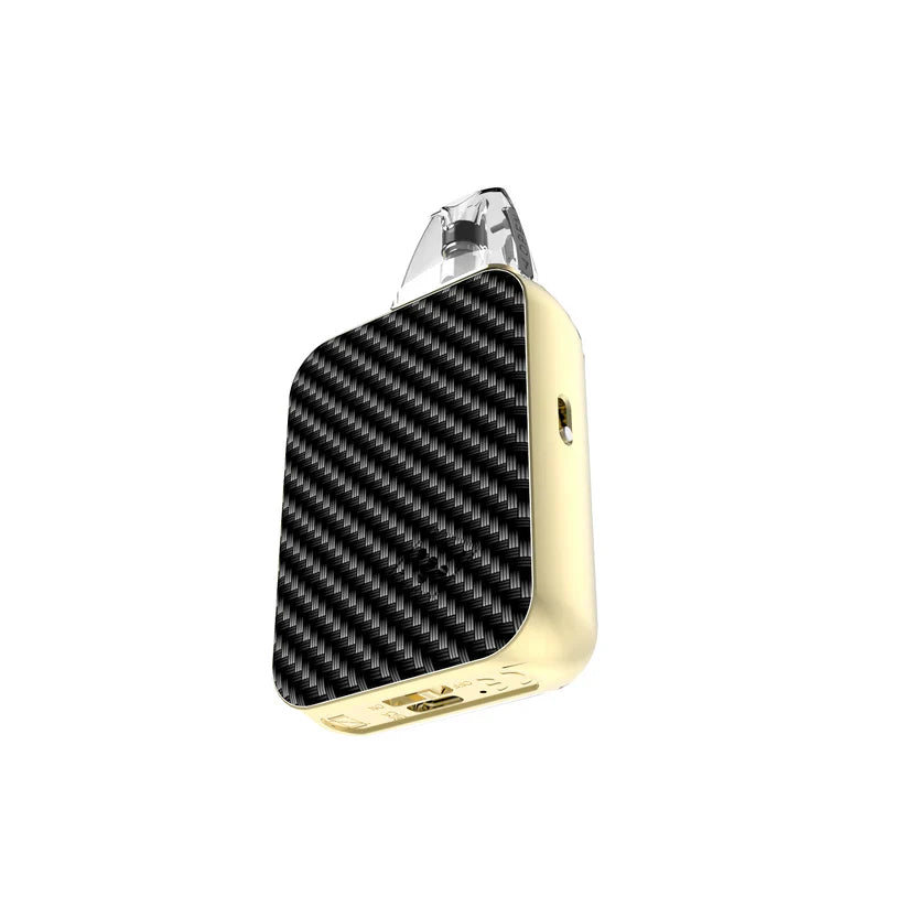 Vape device with carbon fiber texture and gold accents on a white background