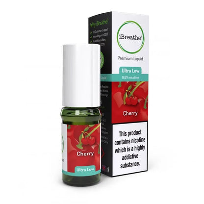 iBreathe cherry nicotine liquid bottle and packaging on a white background
