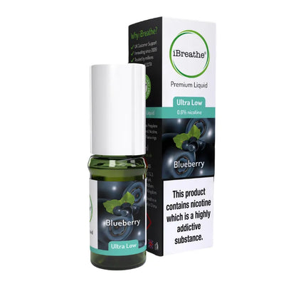 iBreathe blueberry nicotine liquid bottle and packaging on a white background