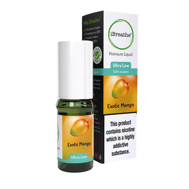 iBreathe Exotic Mango vape liquid bottle and packaging on a white background