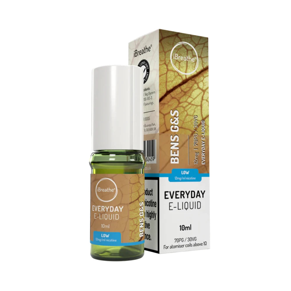 iBreathe e-liquid bottle in "Bens G&S" flavour with packaging on a white background.