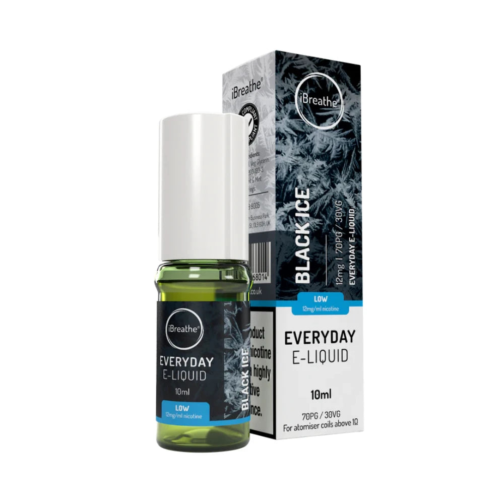 iBreathe e-liquid bottle in "Black Ice" flavour with packaging on a white background.