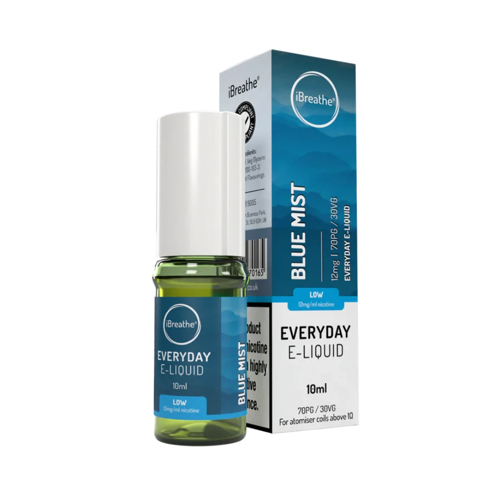 iBreathe e-liquid bottle in "Blue Mist" flavour with packaging on a white background.