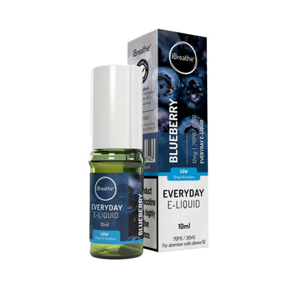 iBreathe e-liquid bottle in "Blueberry" flavour with packaging on a white background.
