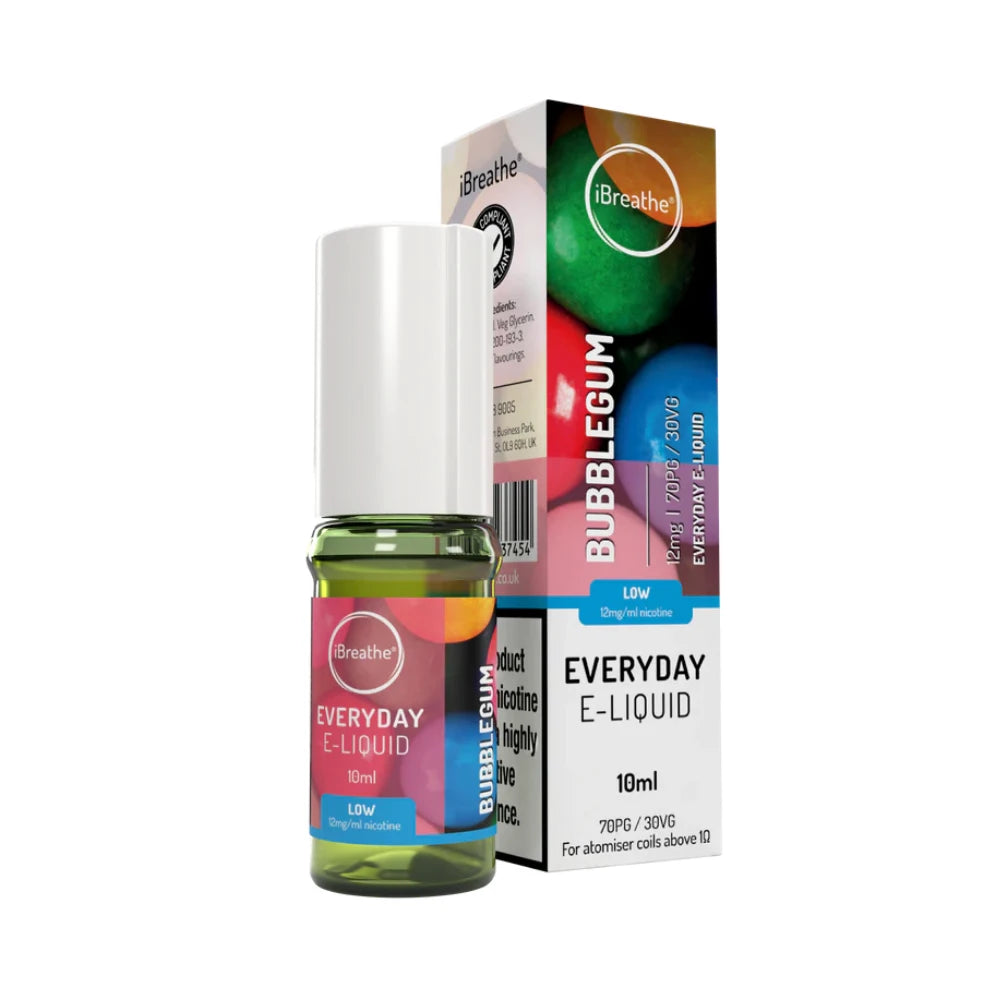 iBreathe e-liquid bottle in "Bubblegum" flavour with packaging on a white background.