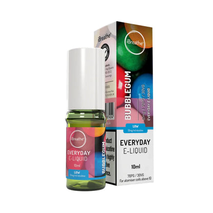 iBreathe e-liquid bottle in "Bubblegum" flavour with packaging on a white background.