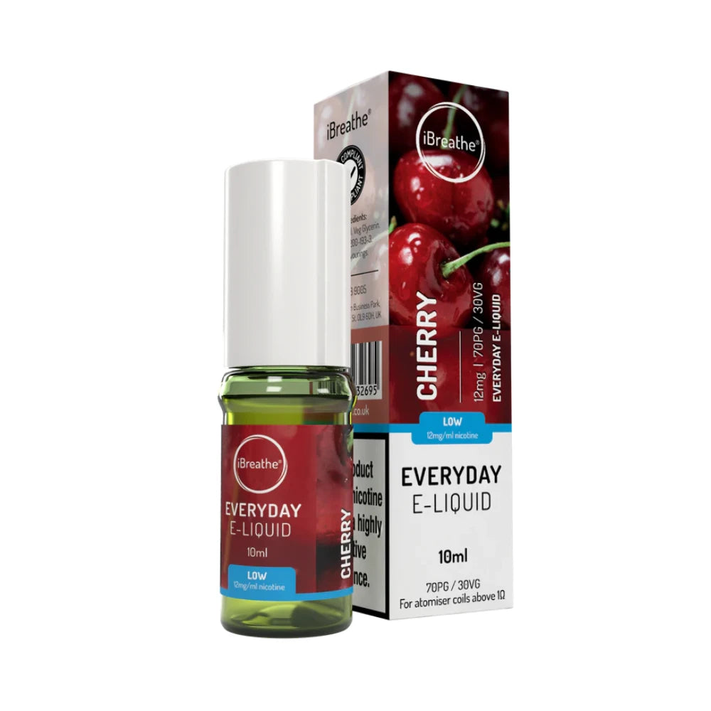 iBreathe e-liquid bottle in "Cherry" flavour with packaging on a white background.