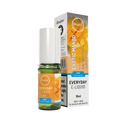 iBreathe e-liquid bottle in "Exotic Mango" flavour with packaging on a white background.