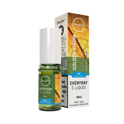 iBreathe e-liquid bottle in "Golden Virgin" flavour with packaging on a white background.