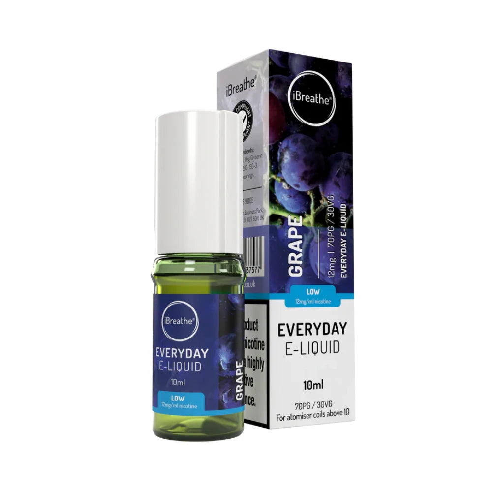 iBreathe e-liquid bottle in "Grape" flavour with packaging on a white background.