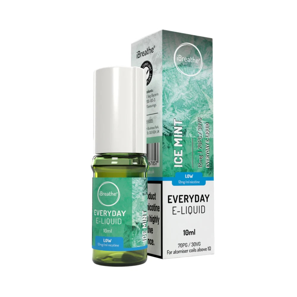 iBreathe e-liquid bottle in "Ice Mint" flavour with packaging on a white background.