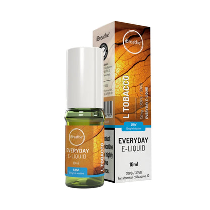 iBreathe e-liquid bottle in "L Tobacco" flavour with packaging on a white background.