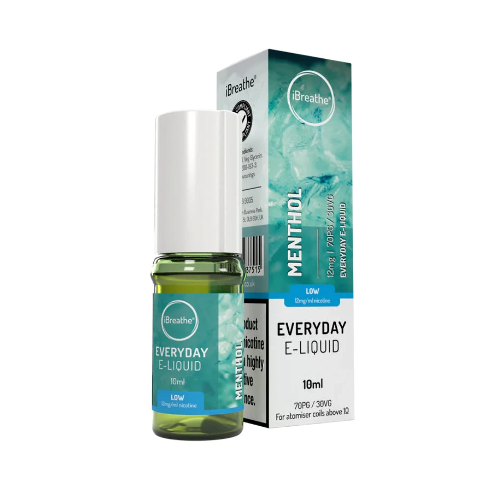 iBreathe e-liquid bottle in "Menthol" flavour with packaging on a white background.