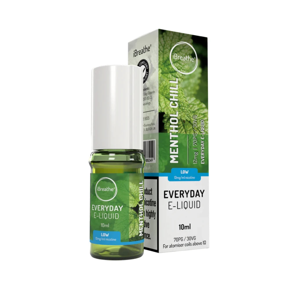 iBreathe e-liquid bottle in "Menthol Chill" flavour with packaging on a white background.