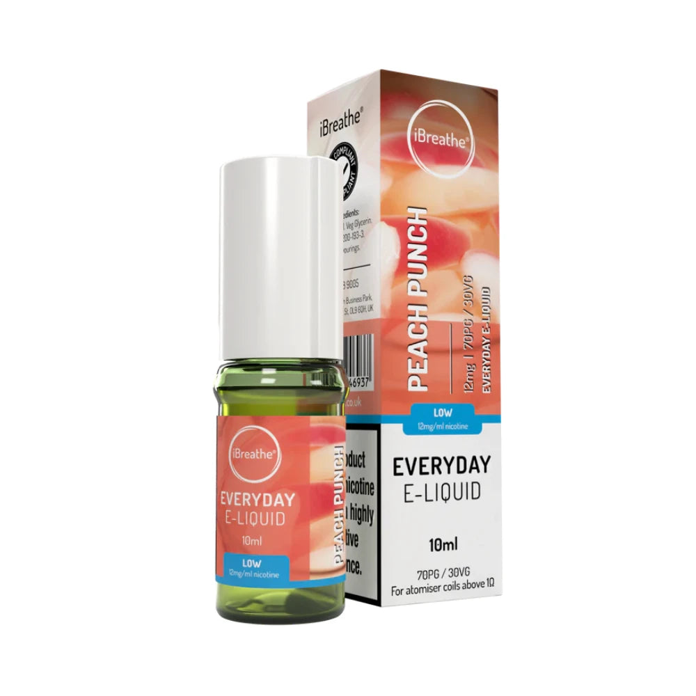 iBreathe e-liquid bottle in "Peach Punch" flavour with packaging on a white background.