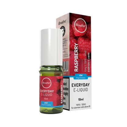 iBreathe e-liquid bottle in "Raspberry" flavour with packaging on a white background.