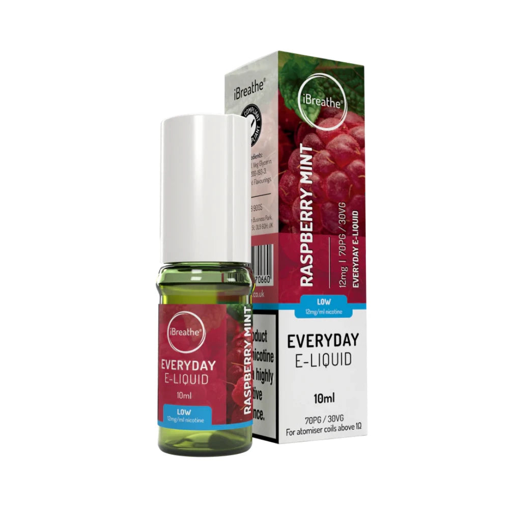 iBreathe e-liquid bottle in "Raspberry Mint" flavour with packaging on a white background.