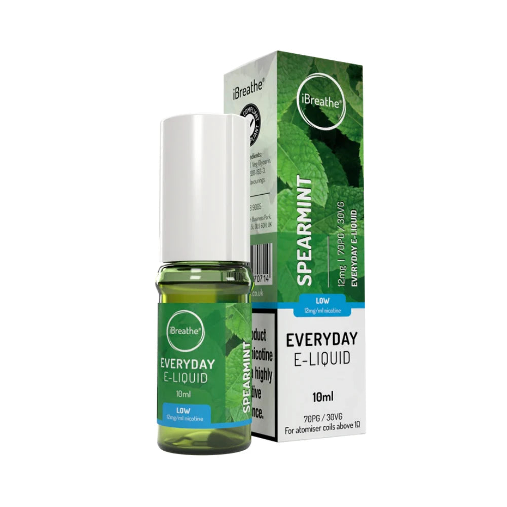iBreathe e-liquid bottle in "Spearmint" flavour with packaging on a white background.
